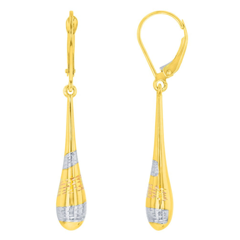 14k Yellow Gold Tri-Color Teardrop Dangle Drop Earrings, 6mm