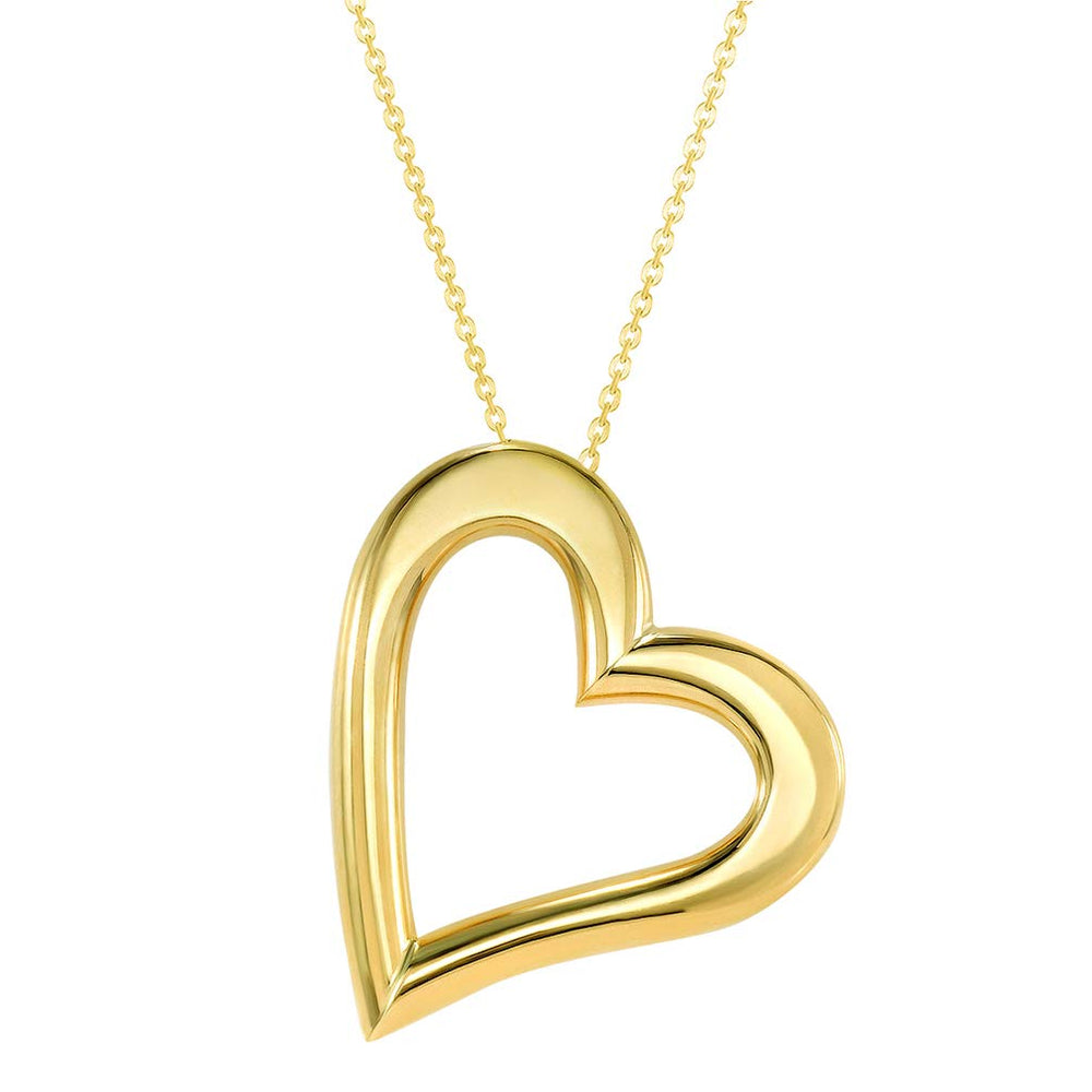 14k Yellow Gold Sideways Dangling Open 3D Heart Necklace with Lobster Claw Clasp
