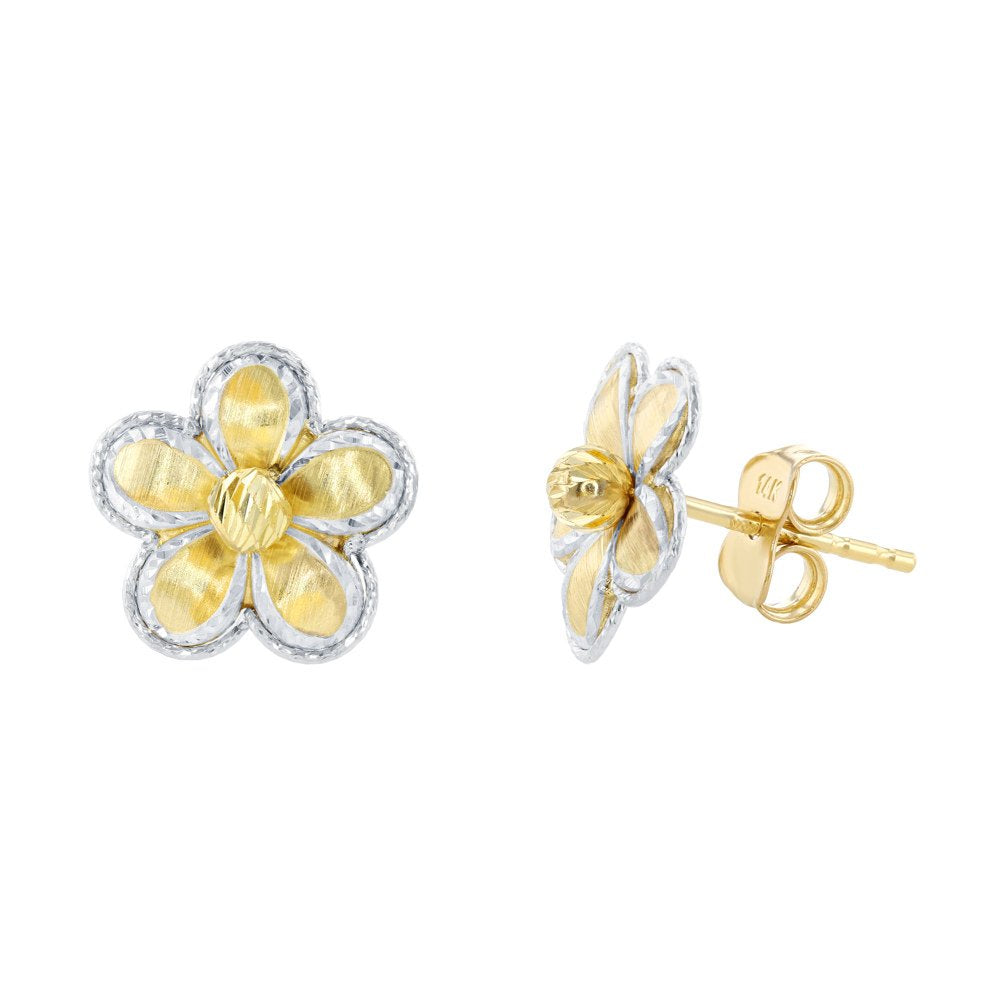 14K Two Tone Gold Textured Blooming Flower Stud Floral Earrings, 11.5mm