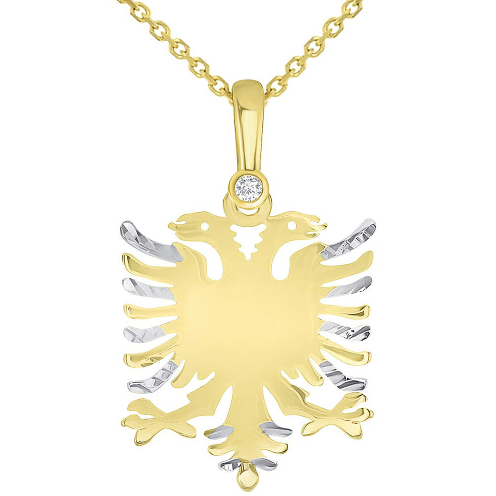 Solid 14k Yellow Gold Cubic-Zirconia Double-Headed Eagle National Symbol of Albania Pendant Necklace with Cable Chain