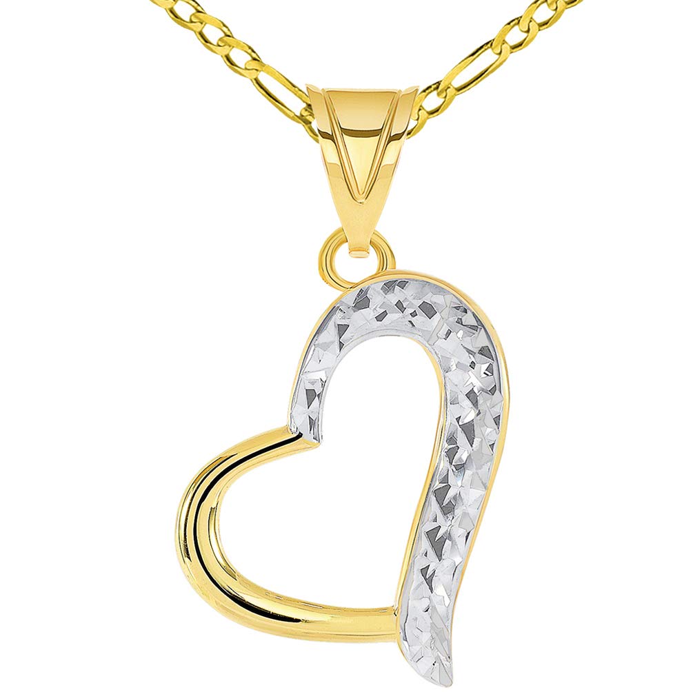 Sparkle Cut Two-Tone Curved Open Heart Pendant Figaro Chain Necklace