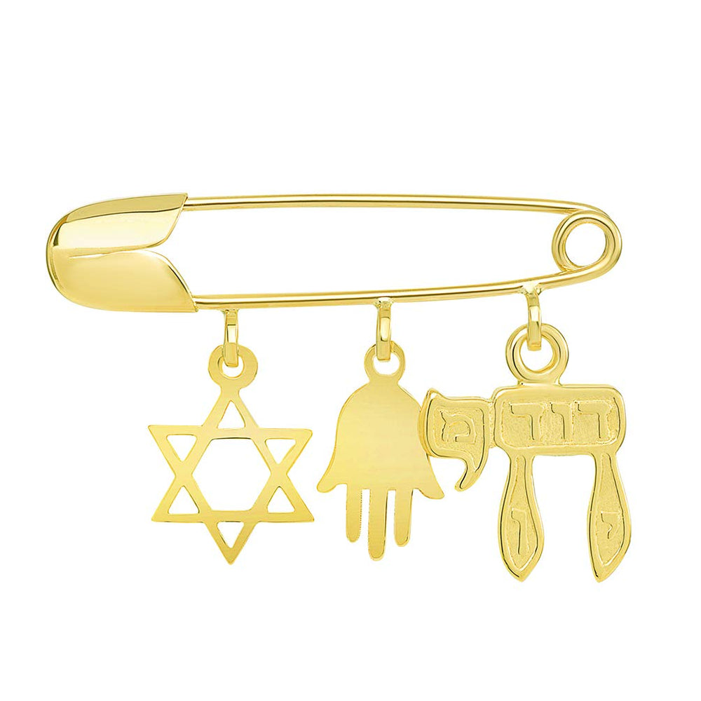14K Yellow Gold Jewish Symbol Safety Pin with Star of David, Hamsa, Chai Charms