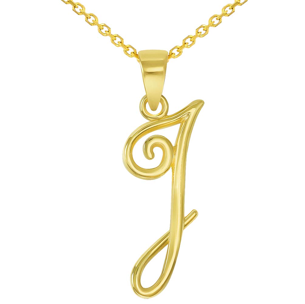 14k Yellow Gold Elegant Script Letter I Cursive Initial Pendant Necklace
