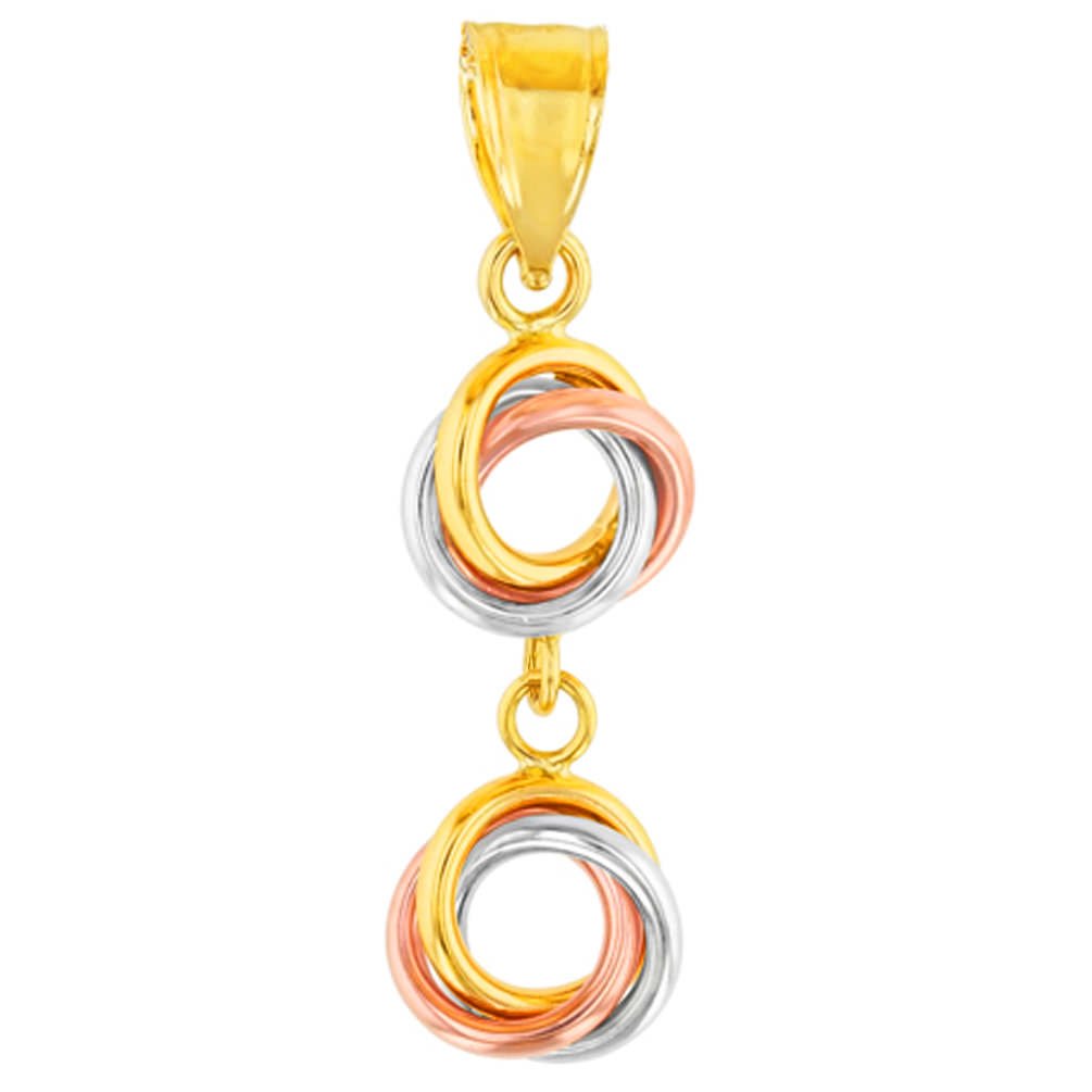 Solid 14K Tri-Color Gold Double Love Knot Charm Dangling Pendant