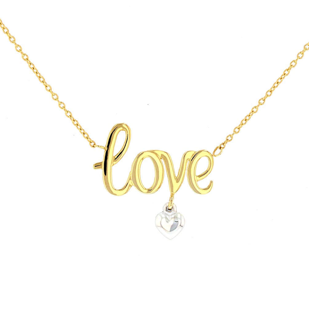 Solid 14K Two-Tone Gold Polished Love Scripted Necklace with Heart Charm