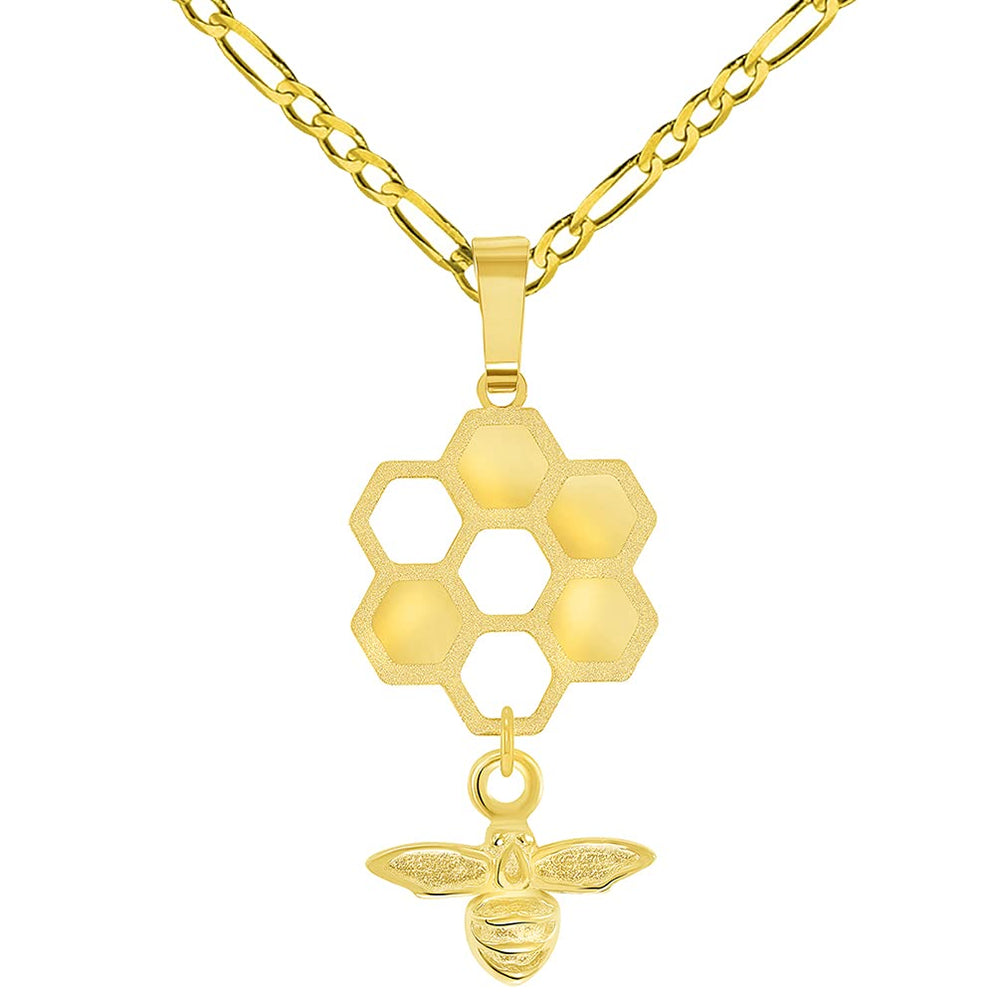 14k Yellow Gold Honey Bee Dangling From Honeycomb Pendant with Figaro Chain Necklace