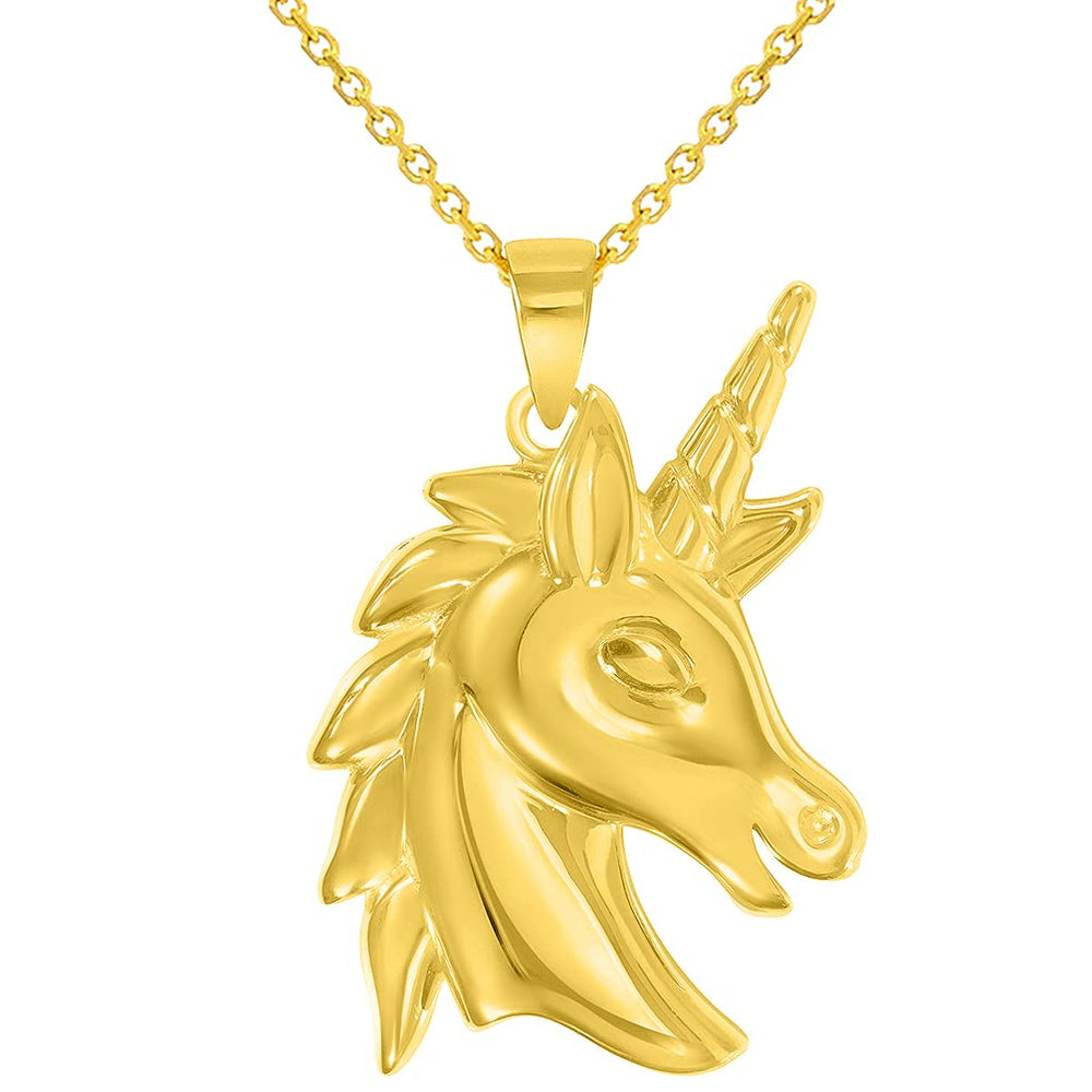 14k Yellow Gold Unicorn Horse Head Mythical Animal Pendant Necklace