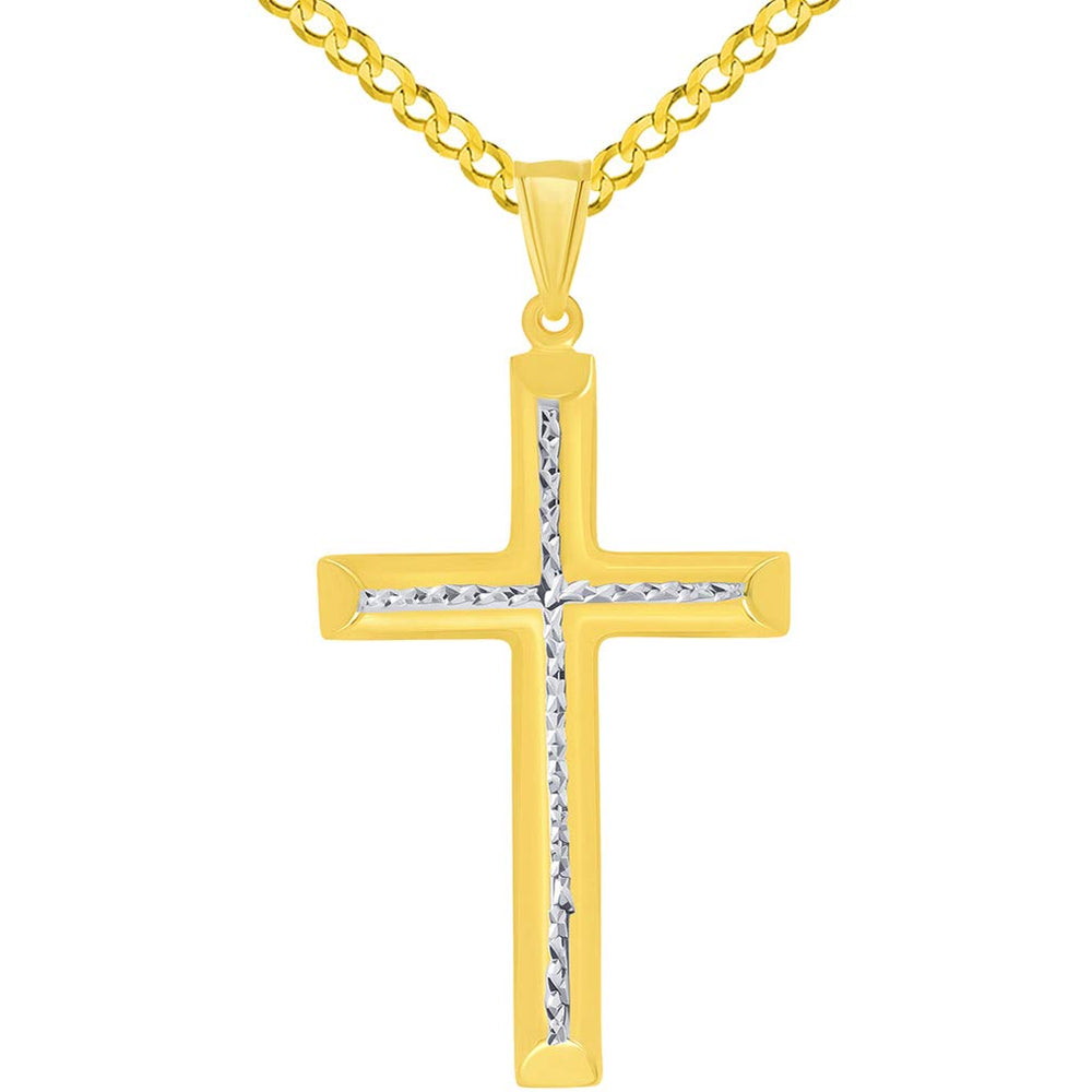 14k Yellow Gold Textured Two-Tone Religious Tube Cross Pendant with Cuban Curb Chain Necklace