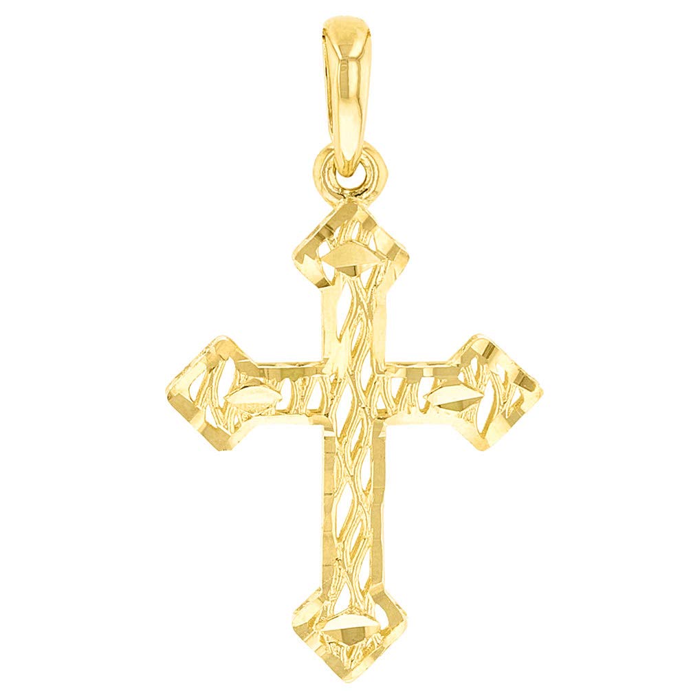 14K Yellow Gold Textured Christian Orthodox 3D Cross Pendant (Small), 1.10"