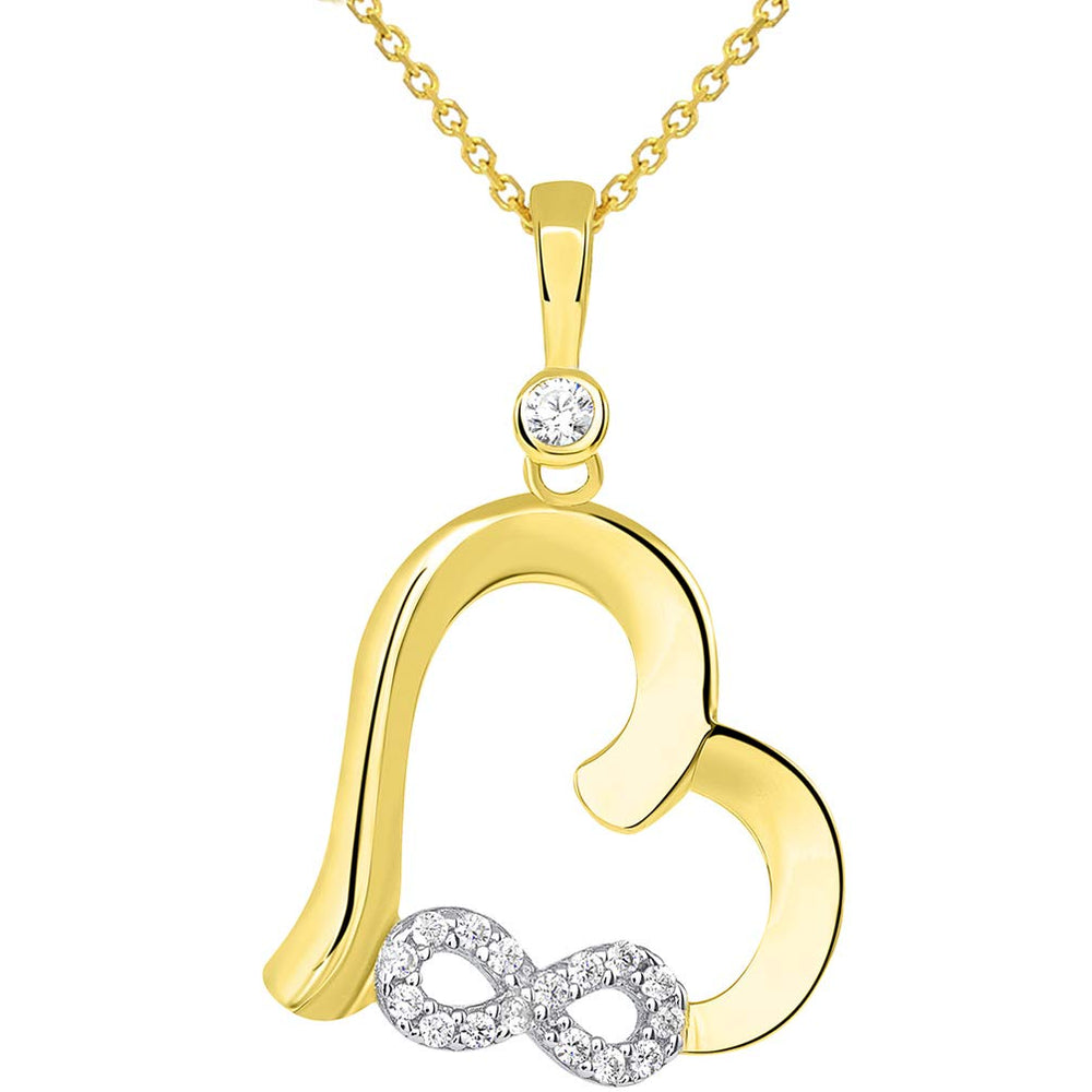 Solid 14k Yellow Gold Open Heart Cubic Zirconia Infinity Love Symbol Pendant Necklace