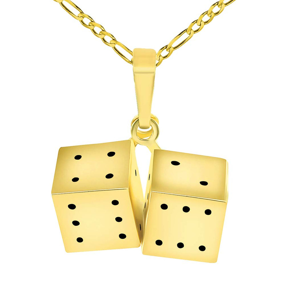 14k Yellow Gold 3D Set of Classic Dice Charm Good Luck Pendant with Figaro Chain Necklace