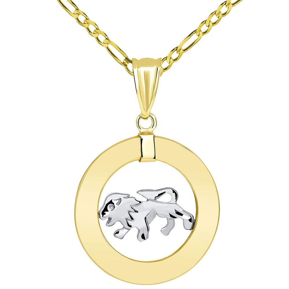 14k Gold Open Circle Leo Zodiac Sign Pendant Figaro Necklace - Two-Tone Gold