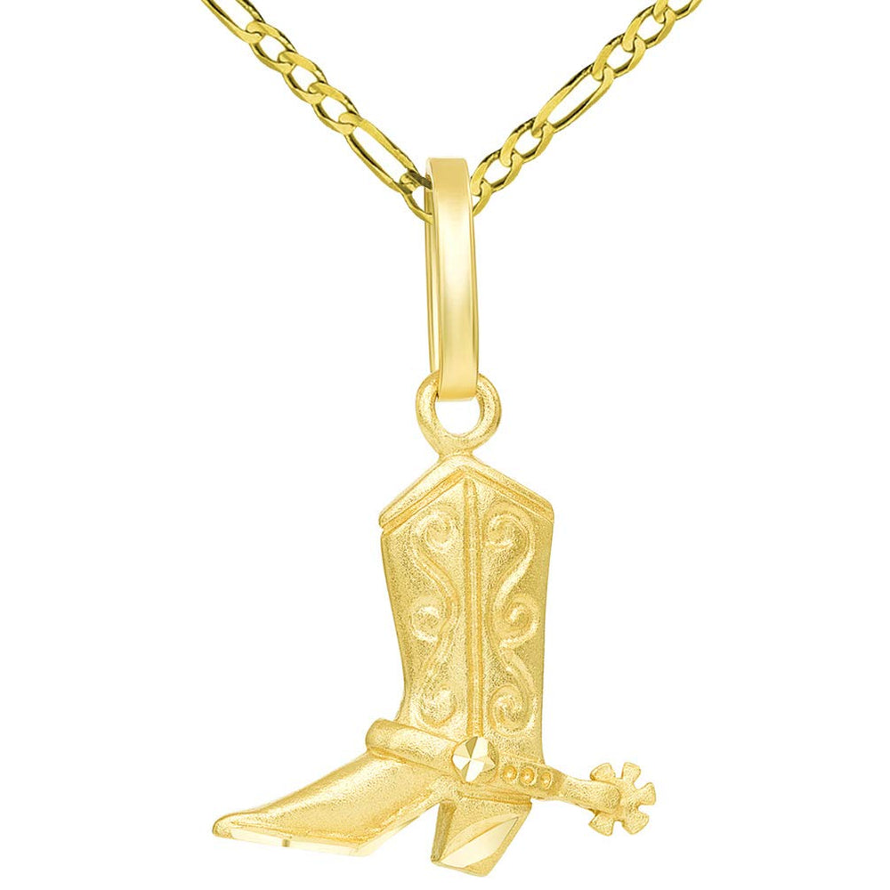 Solid 14k Gold Detailed 3D Cowboy Riding Boot with Spur Pendant Figaro Necklace - Yellow Gold