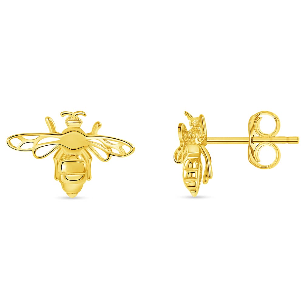 Solid 14k Yellow Gold 3D Bumblebee Bee Stud Earrings with Friction Push Back