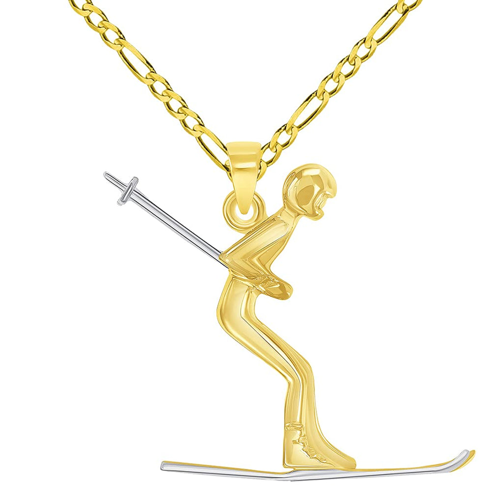 14k Yellow Gold 3D Snow Skier Skiing Two Tone Sports Pendant with Figaro Chain Necklace