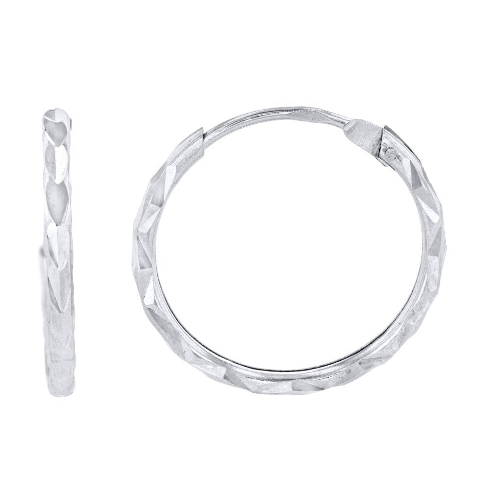 14k Solid White Gold Textured 1.5mm Thickness Endless Hoop Earrings (15 x 16mm)