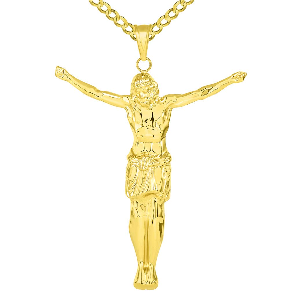 14k Yellow Gold Polished Large Hollow Jesus Christ Full Body Pendant with Cuban Chain Necklace