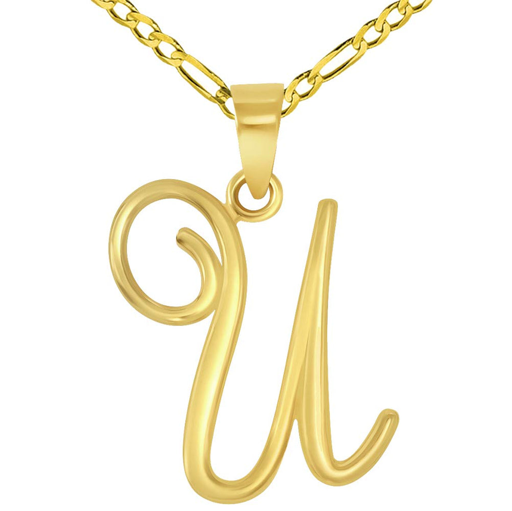 14k Yellow Gold Elegant Script Letter U Cursive Initial Pendant with Figaro Chain Necklace