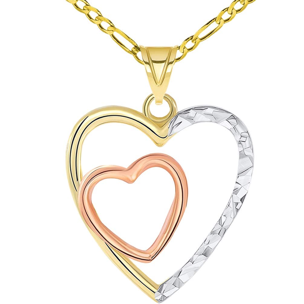14k Yellow and Rose Gold Textured Tri-Tone Double Open Heart Pendant with Figaro Chain Necklace