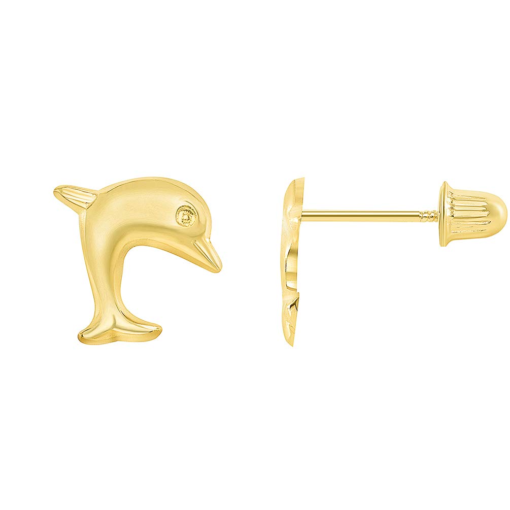 14k Yellow Gold Mini Jumping Dolphins Stud Earrings with Screw Back