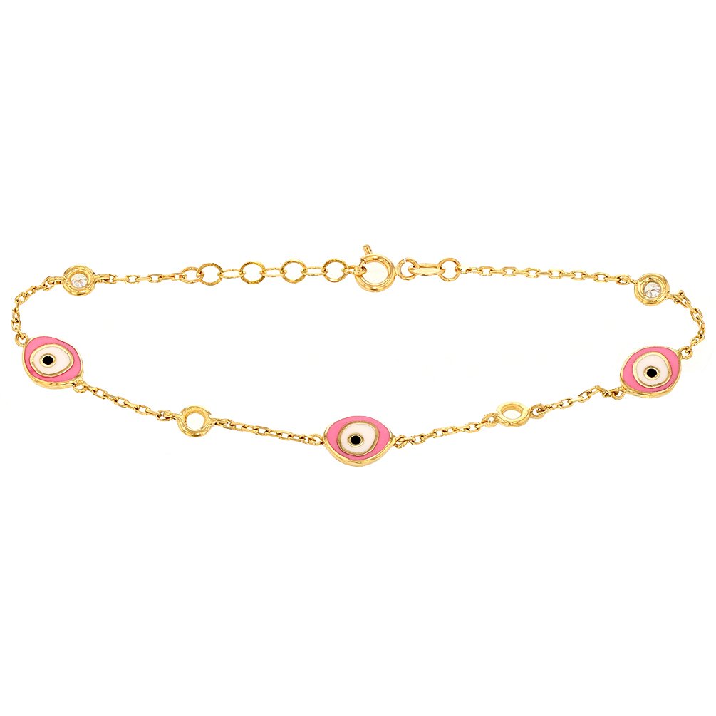 Solid 14k Yellow Gold Pink Evil Eye with CZ Bracelet