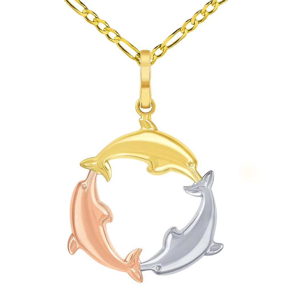 High Polish 14k Tri-Color Gold Dolphin Circle Pendant with Figaro Chain Necklace