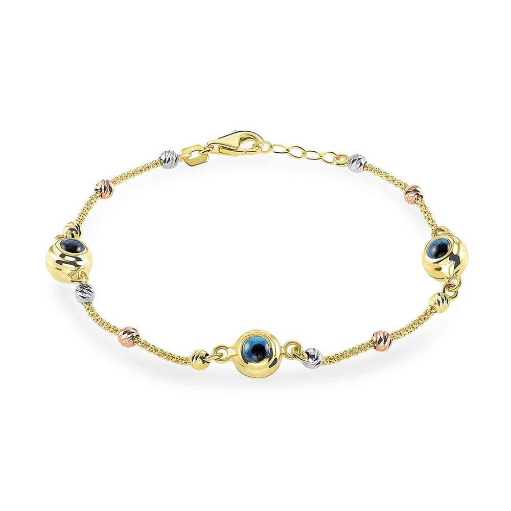 14k Tri-Color Gold Beaded Blue Evil Eye Mesh Chain Protection Bracelet, 7"