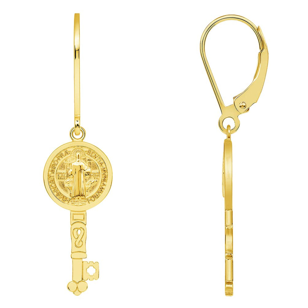 Solid 14k Yellow Gold Saint Benedict Key Dangle Drop Earrings with Leverback (Reversible)
