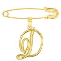 Load image into Gallery viewer, 14k Yellow Gold Elegant Script Letter D Cursive Initial Charm with Safety Pin Brooch
