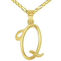 Load image into Gallery viewer, 14k Yellow Gold Elegant Script Letter Q Cursive Initial Pendant with Figaro Chain Necklace
