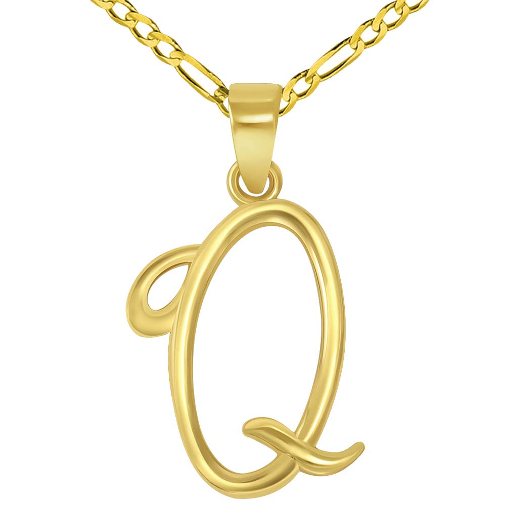 14k Yellow Gold Elegant Script Letter Q Cursive Initial Pendant with Figaro Chain Necklace