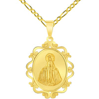 Load image into Gallery viewer, 14k Yellow Gold Elegant Ornate Miraculous Medal of Virgin Mary Pendant with Figaro Chain Necklace
