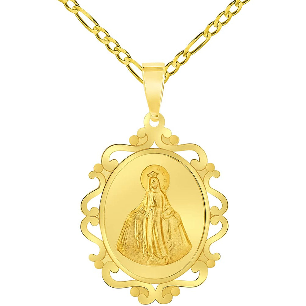 14k Yellow Gold Elegant Ornate Miraculous Medal of Virgin Mary Pendant with Figaro Chain Necklace