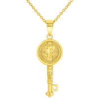 Load image into Gallery viewer, Solid 14k Yellow Gold Reversible Saint Benedict Key Charm Pendant with Cable Chain Necklace
