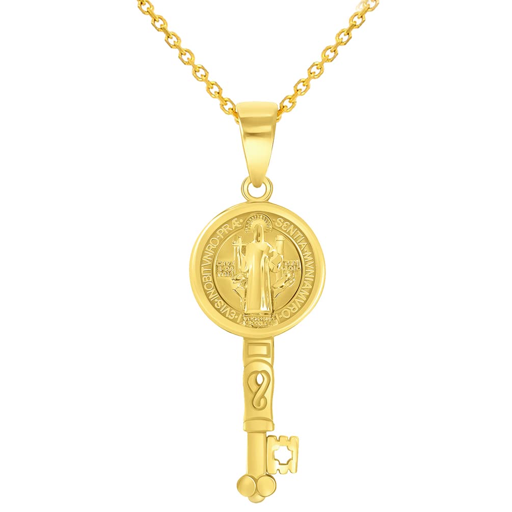 Solid 14k Yellow Gold Reversible Saint Benedict Key Charm Pendant with Cable Chain Necklace