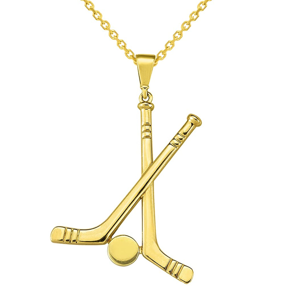 14k Yellow Gold Two Hockey Sticks with Puck Sports Pendant Necklace