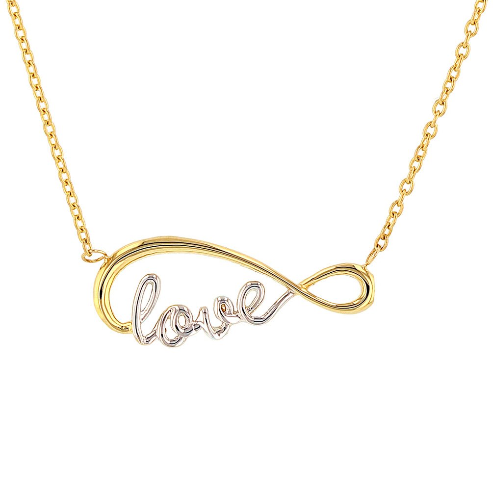 Jewelry America Solid 14K Yellow Gold Two Tone Love Scripted Infinity Symbol Necklace