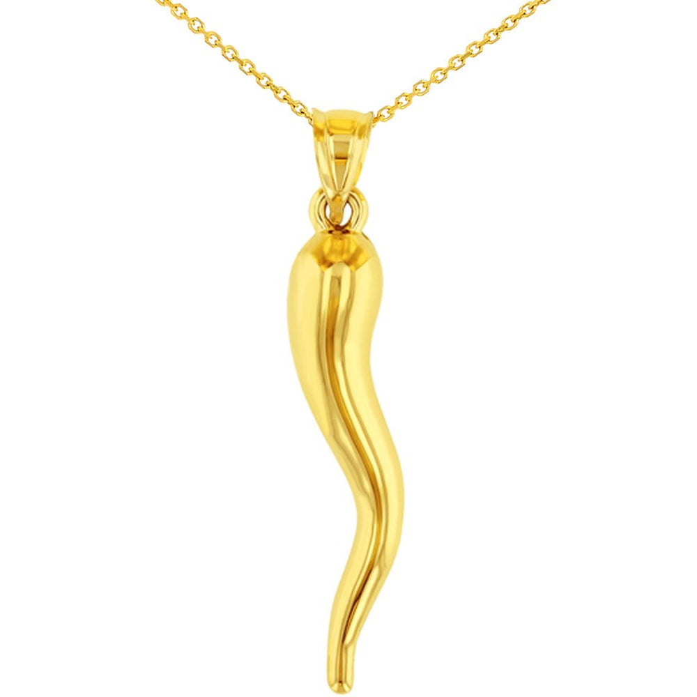 14K Yellow Gold Polished Large Cornicello Horn Pendant with Chain Necklace