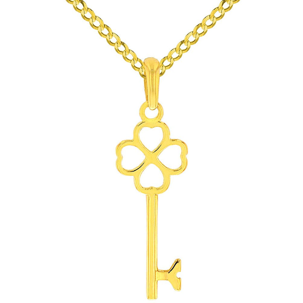 Solid 14K Yellow Gold Simple Four Leaf Clover Love Key Charm Good Luck Pendant with Cuban Chain Necklace