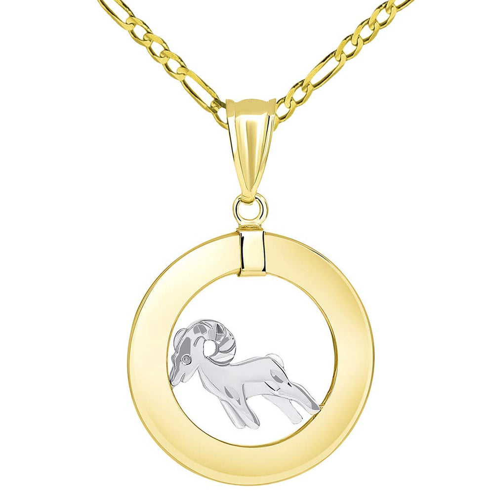 14k Gold Open Circle Aries Zodiac Sign Pendant Figaro Necklace - Two-Tone Gold