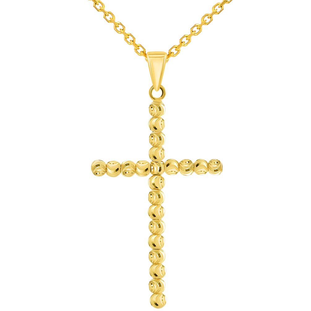 14k Yellow Gold Beaded Moon-Cut Religious Cross Pendant Necklace