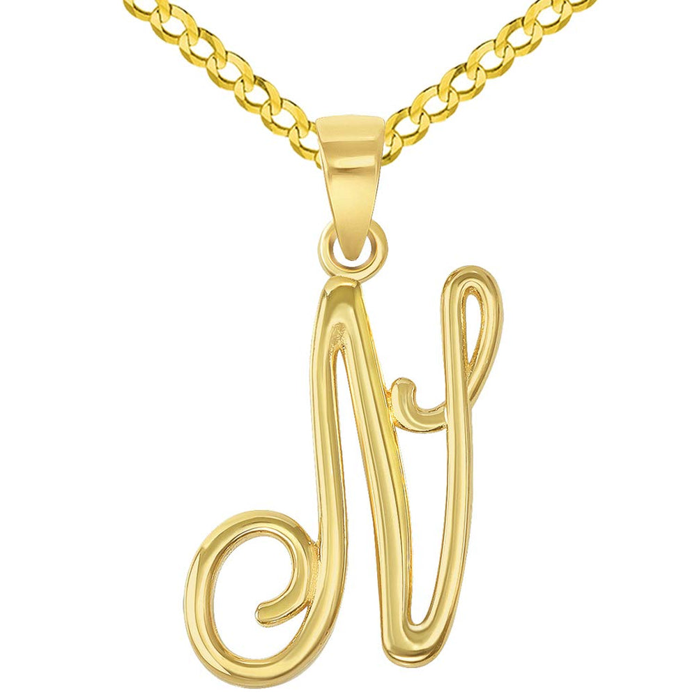 14k Yellow Gold Elegant Script Letter N Cursive Initial Pendant with Concave Cuban Link Curb Chain Necklace