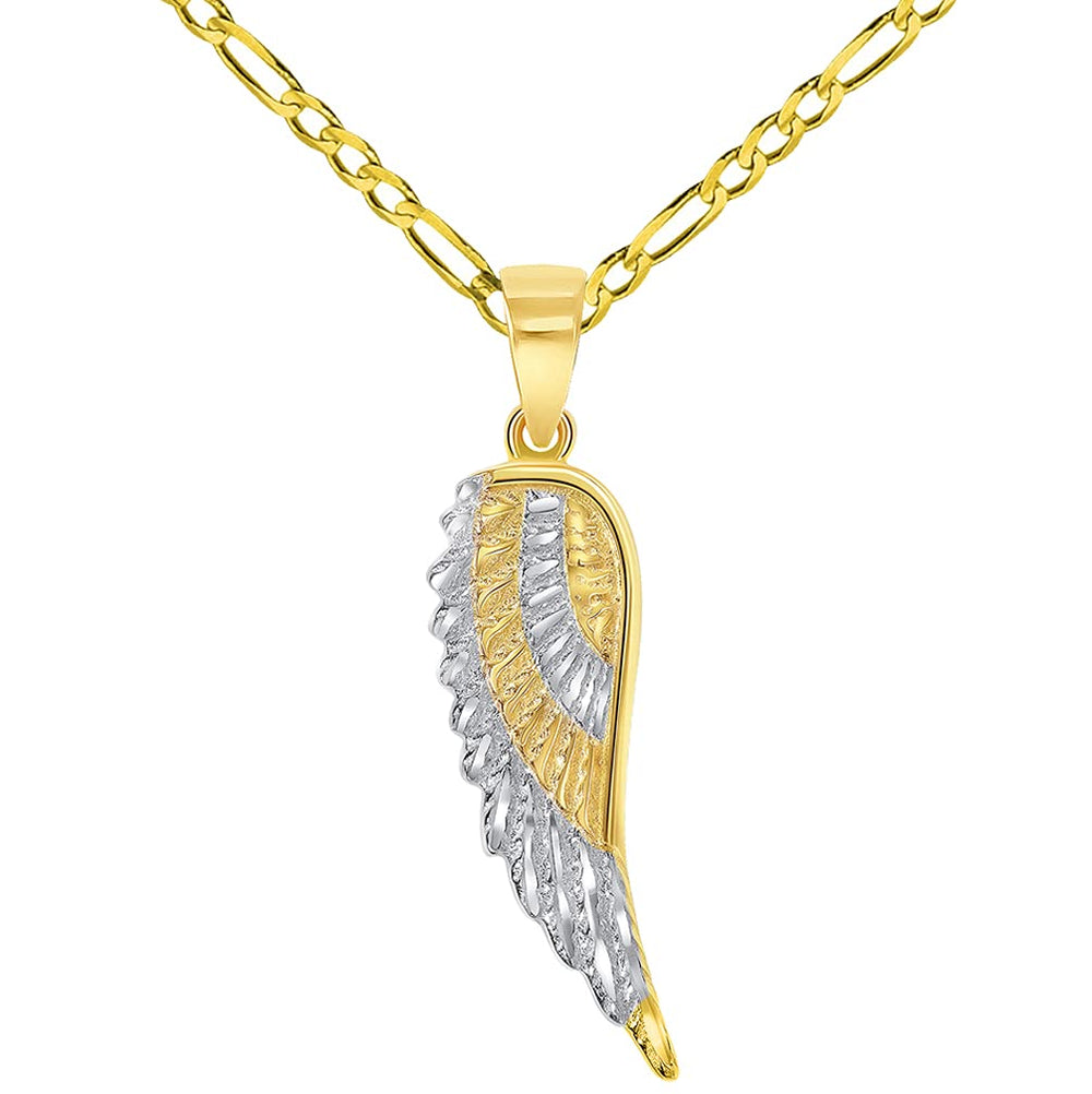 Solid 14k Yellow Gold Textured Two-Tone Angel Wing Charm Pendant with Figaro Chain Necklace