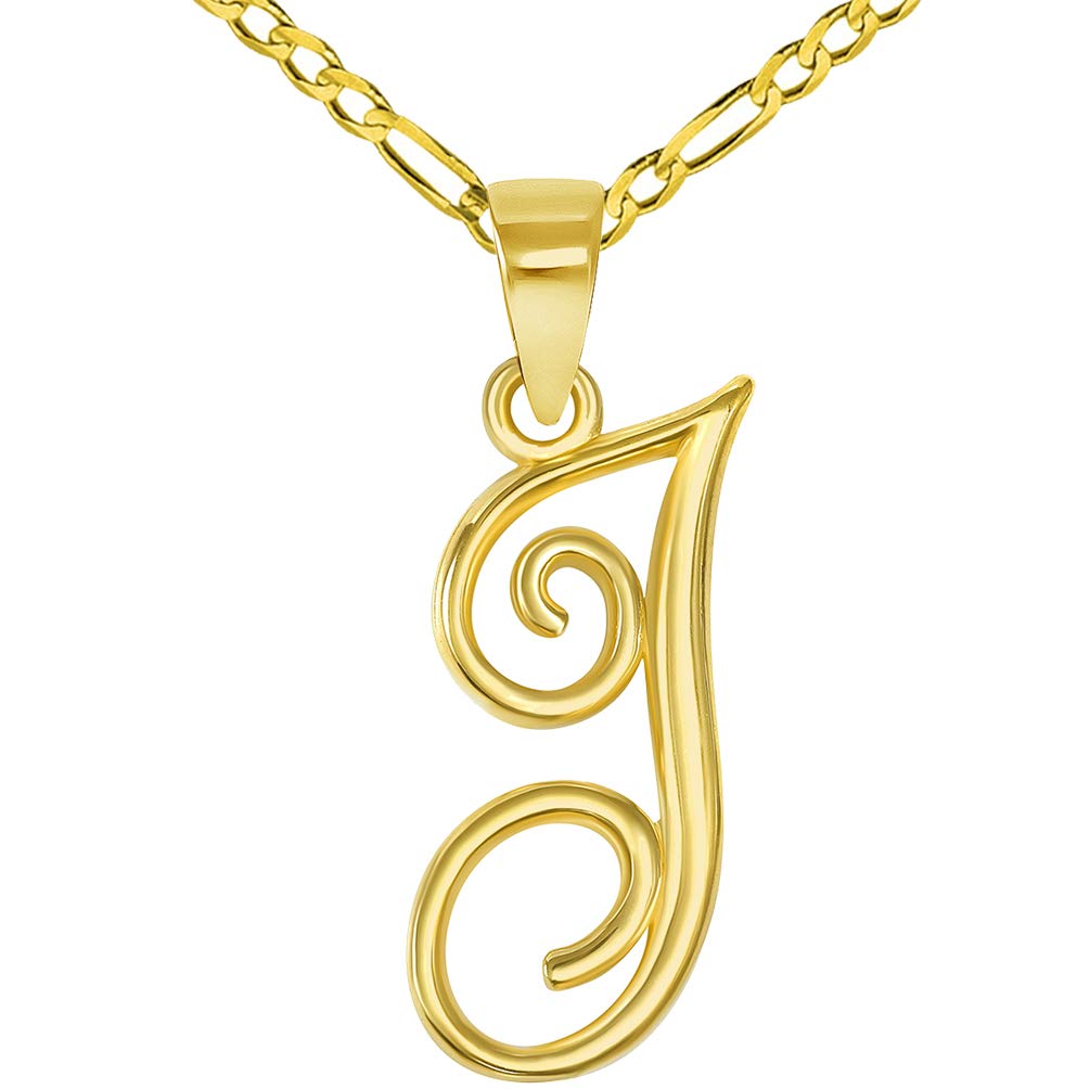 14k Yellow Gold Elegant Script Letter J Cursive Initial Pendant with Figaro Chain Necklace