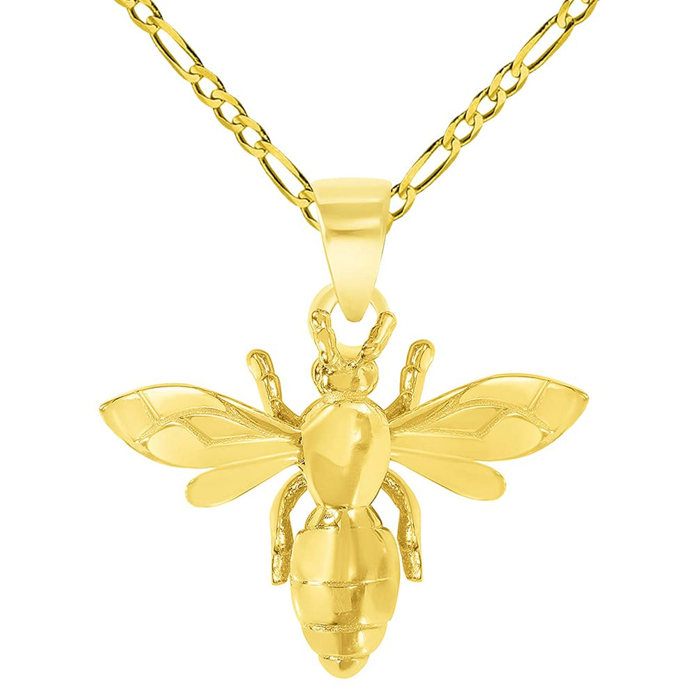 14k Yellow Gold 3D Honey Bee Charm Bumblebee Insect Pendant with Figaro Chain Necklace