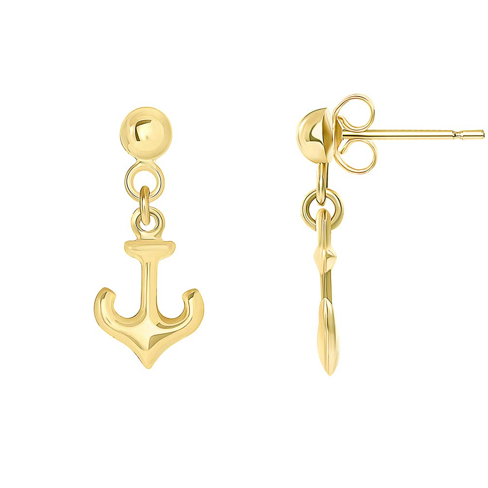14k Yellow Gold Polished Navy Anchor Dangle Studs Earrings with Friction Back