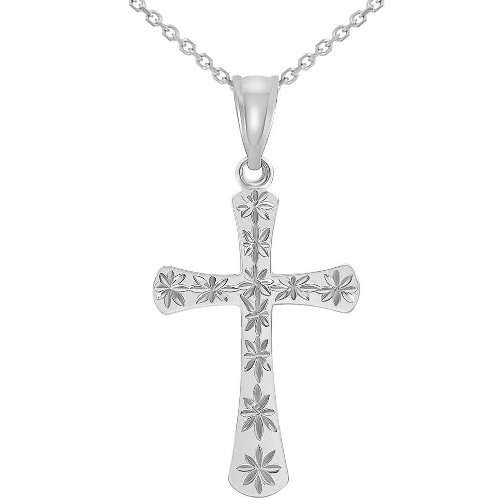 High Polished 14k White Gold Textured Star Cut Religious Cross Pendant Necklace with Rolo Cable Chain