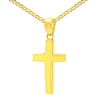 Load image into Gallery viewer, 14K Yellow Gold Polished Dainty Plain Cross Charm Pendant Cuban Chain Necklace
