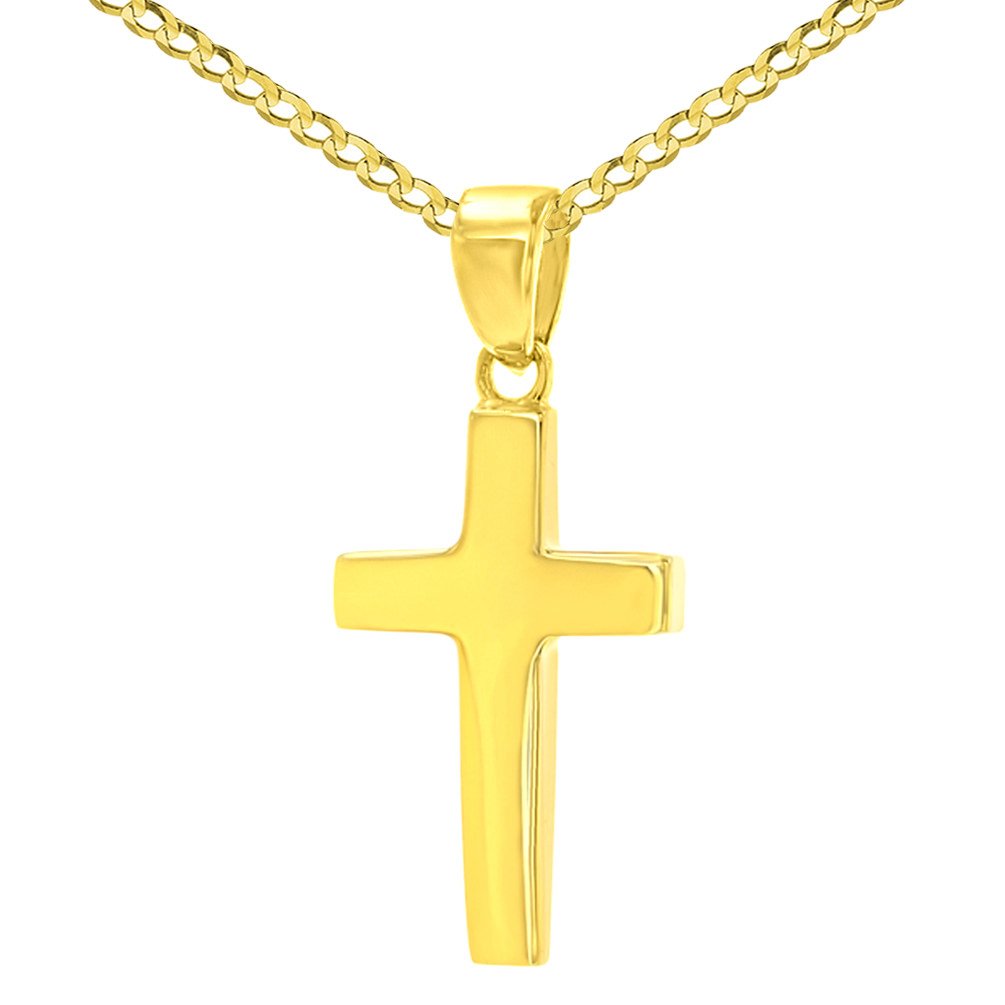 14K Yellow Gold Polished Dainty Plain Cross Charm Pendant Cuban Chain Necklace