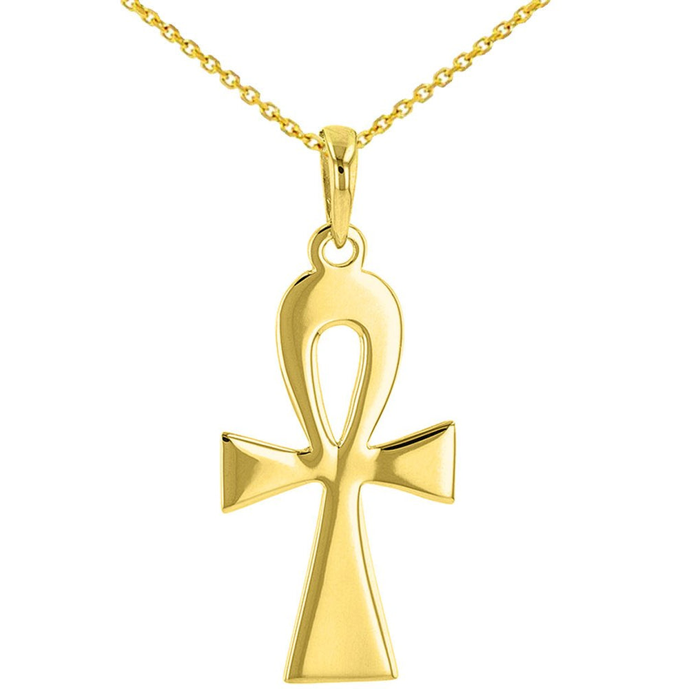 Solid 14K Yellow Gold Egyptian Ankh Cross Pendant Necklace with High Polish